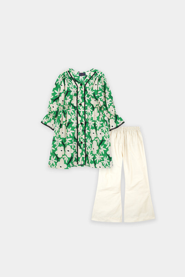 Green Floral Top & Cream Pants